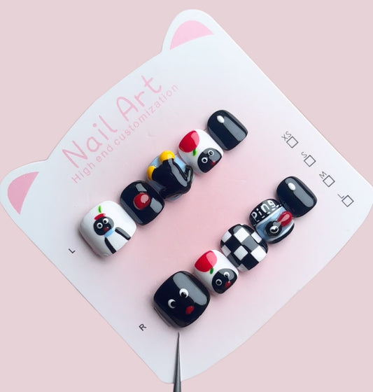 Kids Series |  Black Snowman Ghost Ugly Bunny  Gel Nails | Press on Nails | Handmade Natural Nails |Jelly Nail Polish | Nails Gifts for Kid