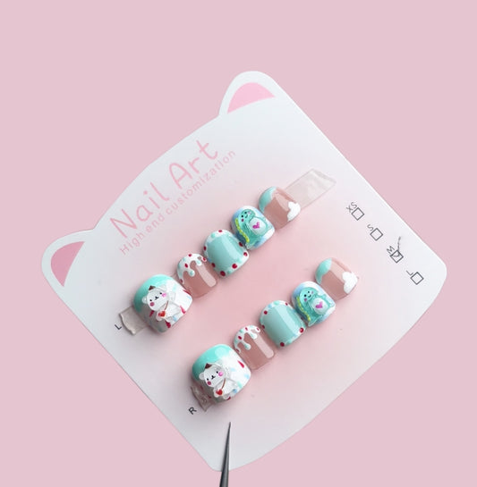 Kids Series |  Blue Bear Dot Gel Nails | Press on Nails | Handmade Natural Nails |Jelly Nail Polish | Nails Gifts for Kid