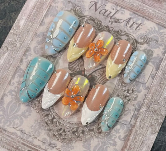 Colorful French 3D Flower Press-on Nails kit