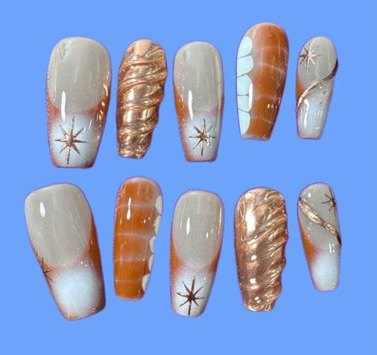 Golden Star  Hand Painted Nail Ombre Color Handmade Press-on Nails Gel